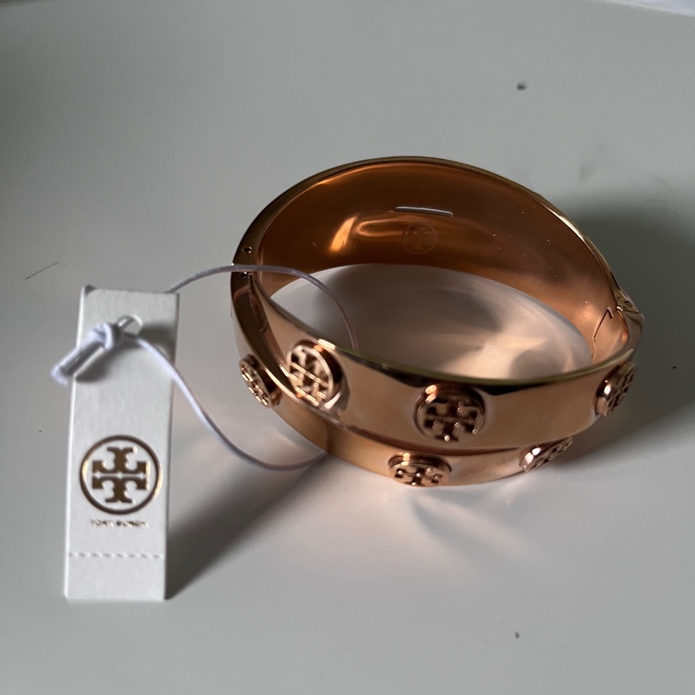Tory Burch Rose Gold Logo Disc Bangle Bracelet
